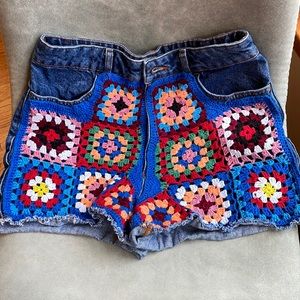 Farm Rio crochet granny square denim shorts